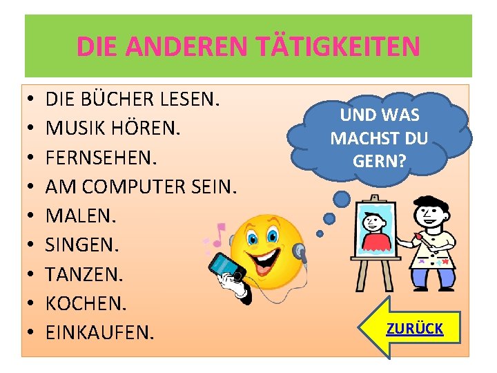 DIE ANDEREN TÄTIGKEITEN • • • DIE BÜCHER LESEN. MUSIK HÖREN. FERNSEHEN. AM COMPUTER