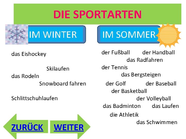 DIE SPORTARTEN IM WINTER das Eishockey das Rodeln Skilaufen Snowboard fahren Schlittschuhlaufen ZURÜCK WEITER