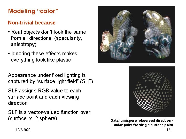 Modeling “color” Non-trivial because • Real objects don’t look the same from all directions Modeling “color” Non-trivial because • Real objects don’t look the same from all directions
