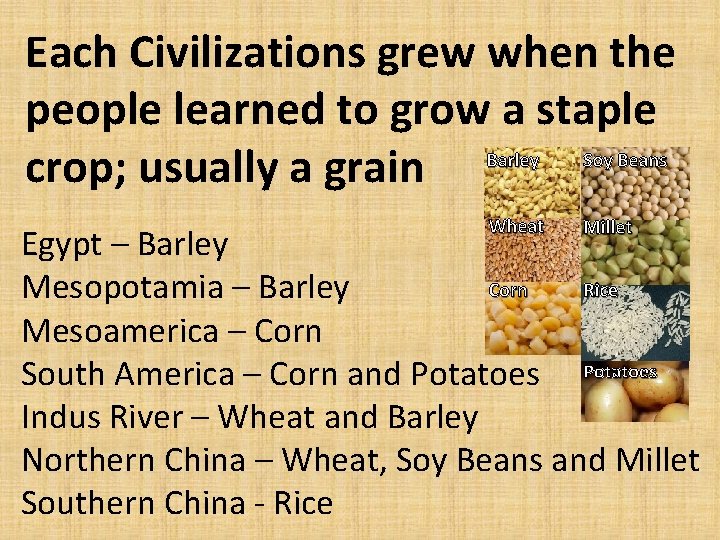 Each Civilizations grew when the people learned to grow a staple Barley Soy Beans