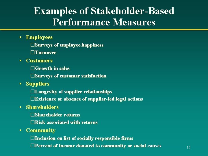 Examples of Stakeholder-Based Performance Measures • Employees �Surveys of employee happiness �Turnover • Customers Examples of Stakeholder-Based Performance Measures • Employees �Surveys of employee happiness �Turnover • Customers