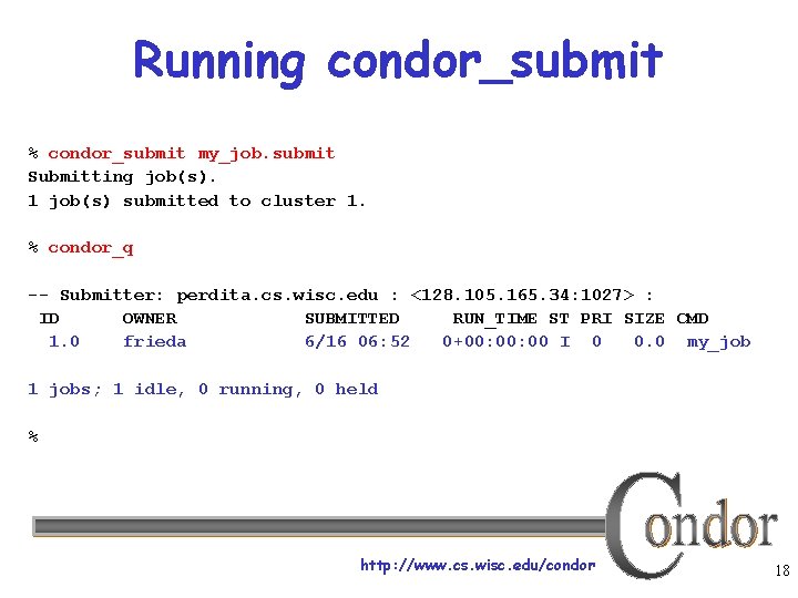 Running condor_submit % condor_submit my_job. submit Submitting job(s). 1 job(s) submitted to cluster 1.