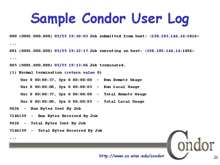 Sample Condor User Log 000 (0001. 000) 05/25 19: 10: 03 Job submitted from