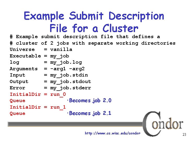 Example Submit Description File for a Cluster # Example submit description file that defines