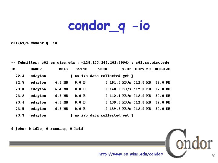 condor_q -io c 01(69)% condor_q -io -- Submitter: c 01. cs. wisc. edu :
