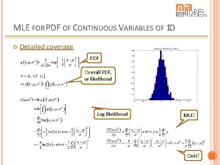 MLE FOR PDF OF CONTINUOUS VARIABLES OF 1 D Detailed coverage PDF Overall PDF,