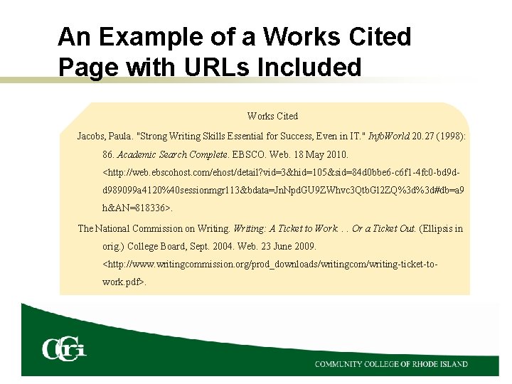 An Example of a Works Cited Page with URLs Included Works Cited Jacobs, Paula.
