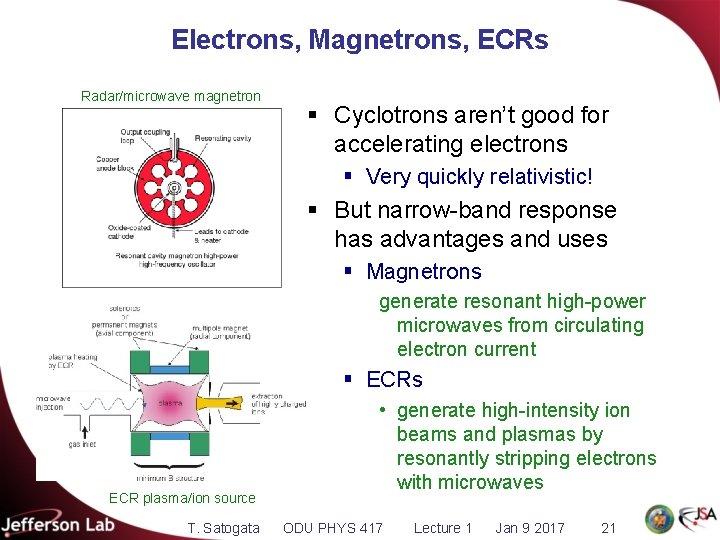 Electrons, Magnetrons, ECRs Radar/microwave magnetron § Cyclotrons aren’t good for accelerating electrons § Very