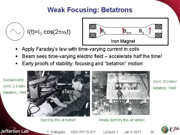 Weak Focusing: Betatrons Bg I(t)=I 0 cos(2 It) Bave Bg Iron Magnet § Apply