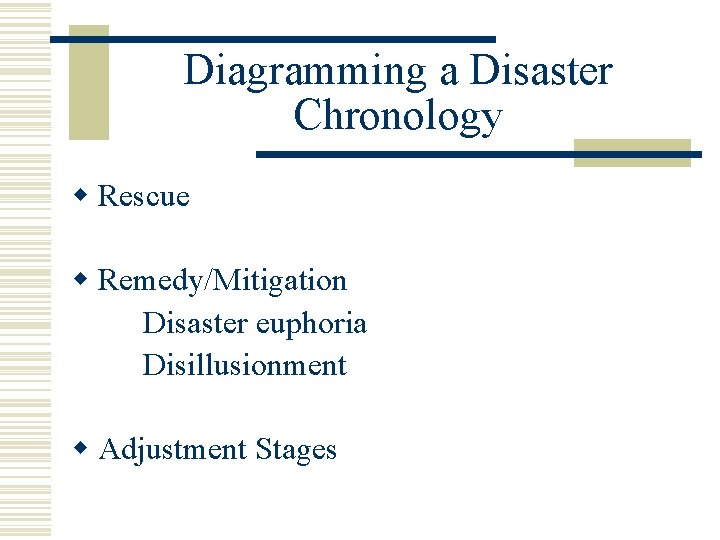 Diagramming a Disaster Chronology w Rescue w Remedy/Mitigation Disaster euphoria Disillusionment w Adjustment Stages