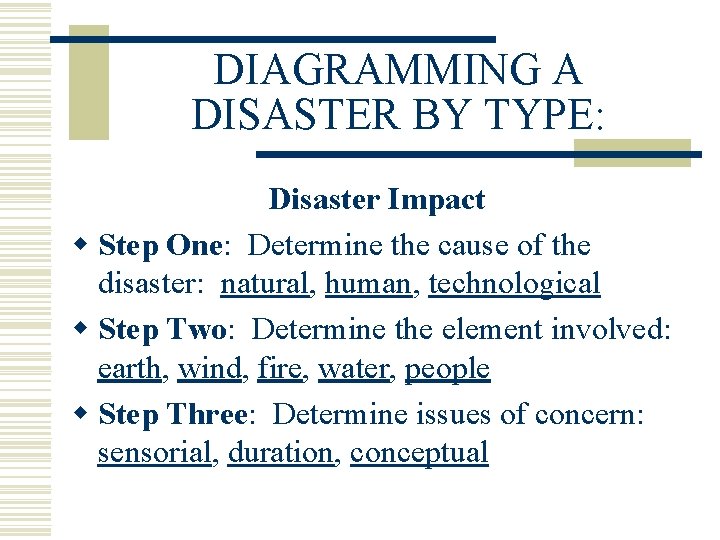 DIAGRAMMING A DISASTER BY TYPE: Disaster Impact w Step One: Determine the cause of