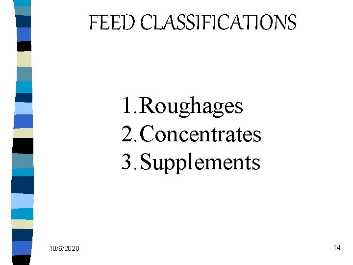 FEED CLASSIFICATIONS 1. Roughages 2. Concentrates 3. Supplements 10/6/2020 14 