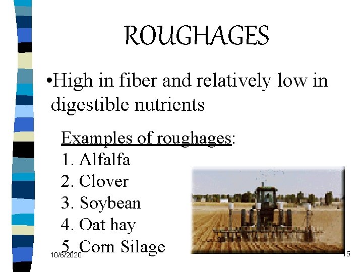 ROUGHAGES • High in fiber and relatively low in digestible nutrients Examples of roughages: