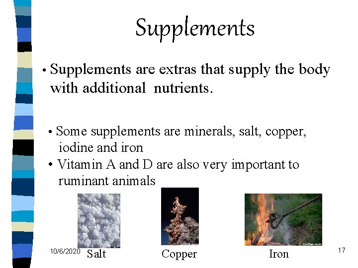 Supplements • Supplements are extras that supply the body with additional nutrients. • Some