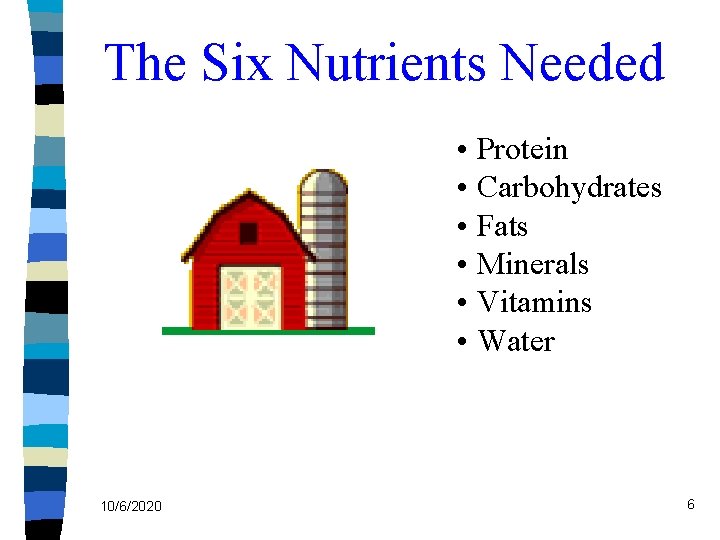 The Six Nutrients Needed • Protein • Carbohydrates • Fats • Minerals • Vitamins