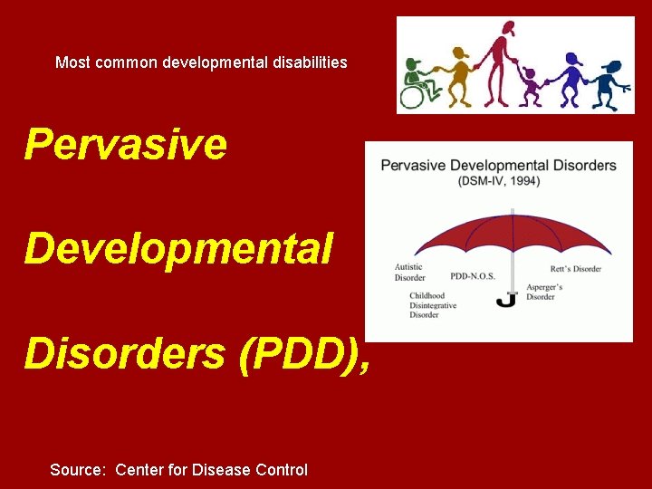 Most common developmental disabilities Pervasive Developmental Disorders (PDD), Source: Center for Disease Control Most common developmental disabilities Pervasive Developmental Disorders (PDD), Source: Center for Disease Control