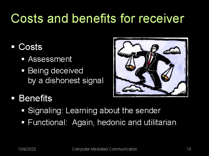 Costs and benefits for receiver § Costs § Assessment § Being deceived by a