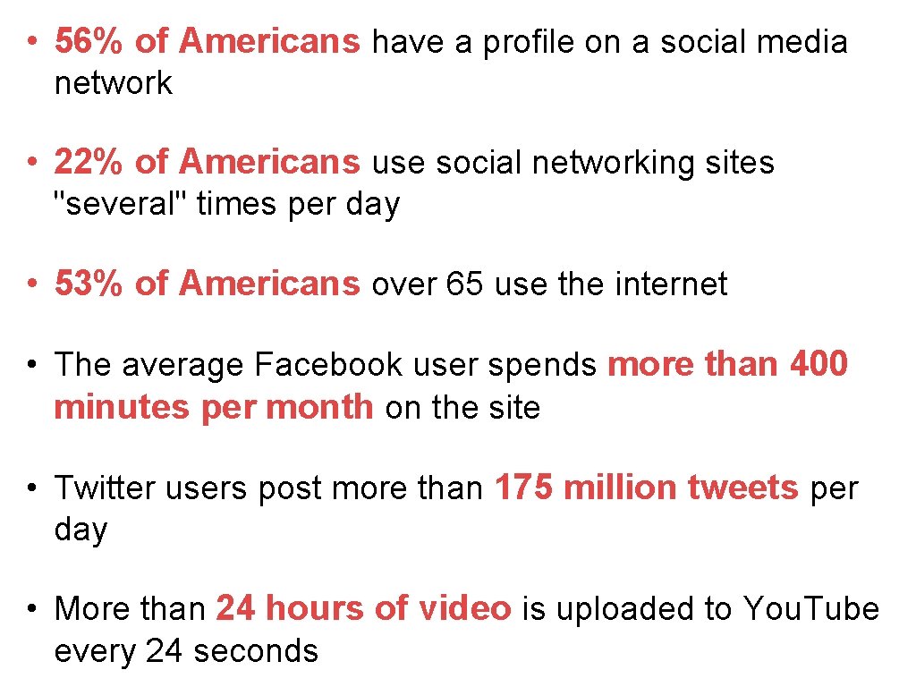  • 56% of Americans have a profile on a social media network •