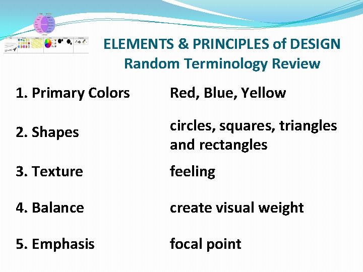 ELEMENTS & PRINCIPLES of DESIGN Random Terminology Review 1. Primary Colors Red, Blue, Yellow
