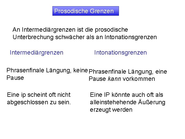 Prosodische Grenzen An Intermediärgrenzen ist die prosodische Unterbrechung schwächer als an Intonationsgrenzen Intermediärgrenzen Intonationsgrenzen