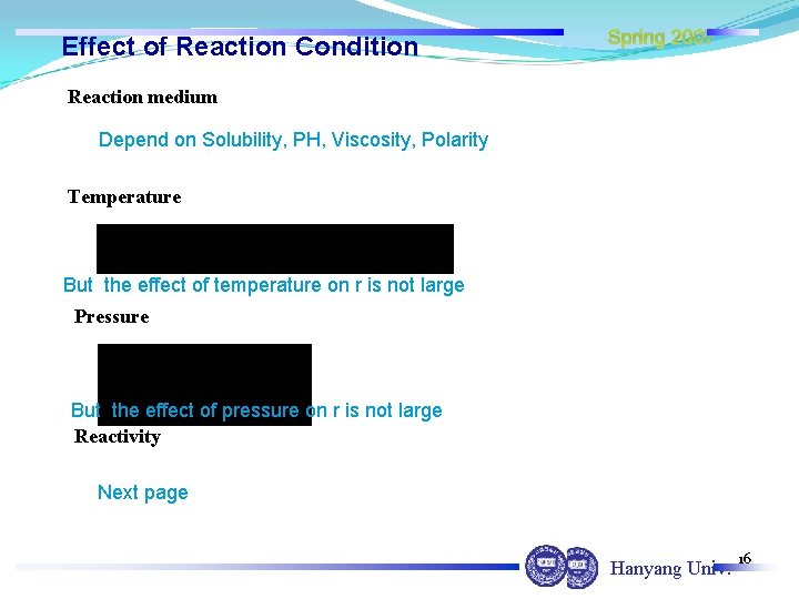 Effect of Reaction Condition Spring 2007 Reaction medium Depend on Solubility, PH, Viscosity, Polarity