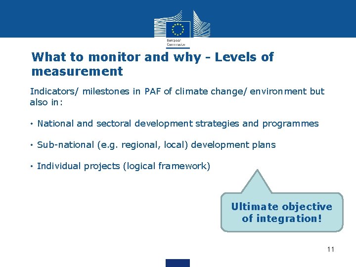 What to monitor and why - Levels of measurement Indicators/ milestones in PAF of