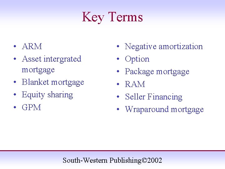 Key Terms • ARM • Asset intergrated mortgage • Blanket mortgage • Equity sharing