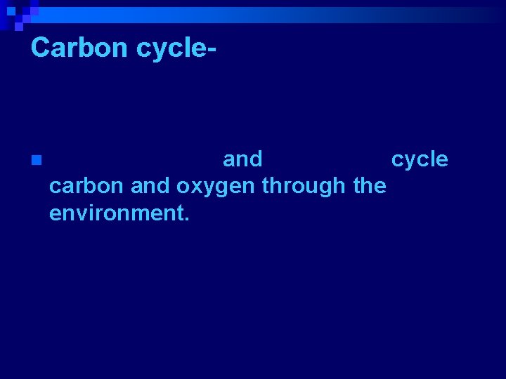 Carbon cycle- n Photosynthesis and respiration cycle carbon and oxygen through the environment. 