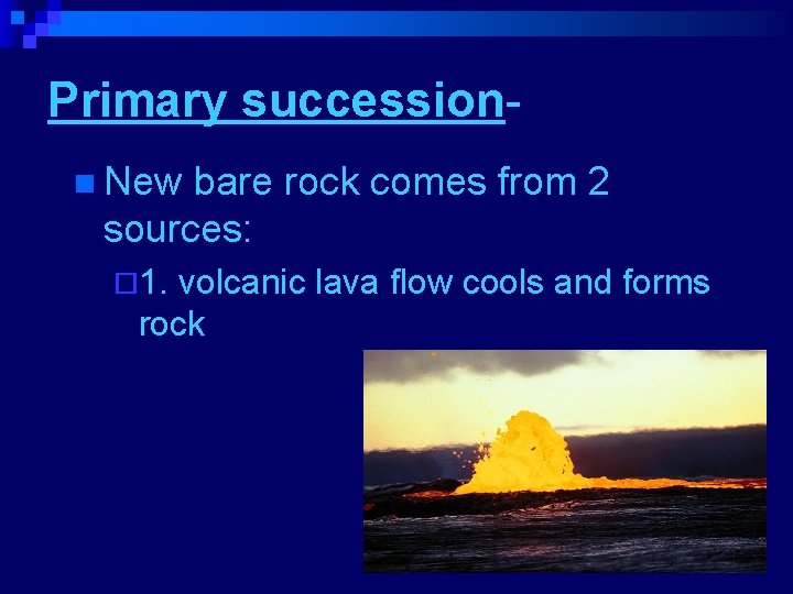 Primary successionn New bare rock comes from 2 sources: ¨ 1. volcanic lava flow