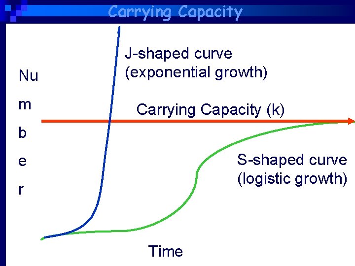 Carrying Capacity Nu m J-shaped curve (exponential growth) Carrying Capacity (k) b S-shaped curve