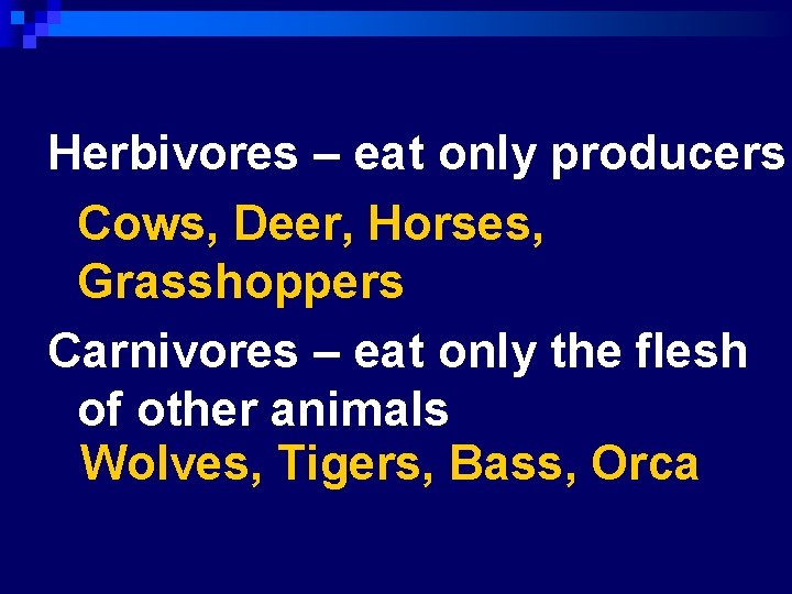 Herbivores – eat only producers Cows, Deer, Horses, Grasshoppers Carnivores – eat only the