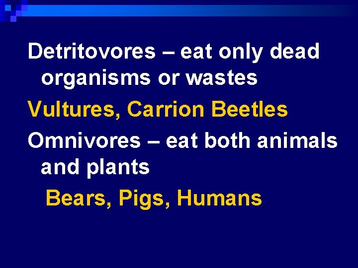 Detritovores – eat only dead organisms or wastes Vultures, Carrion Beetles Omnivores – eat