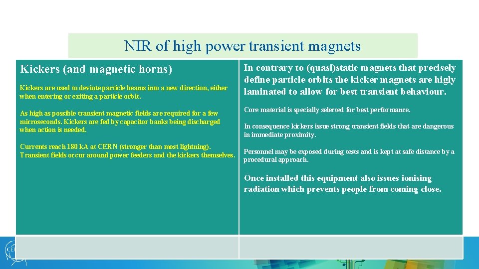 NIR of high power transient magnets Kickers (and magnetic horns) Kickers are used to