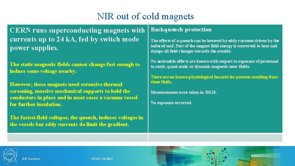 NIR out of cold magnets CERN runs superconducting magnets with Backquench protection currents up