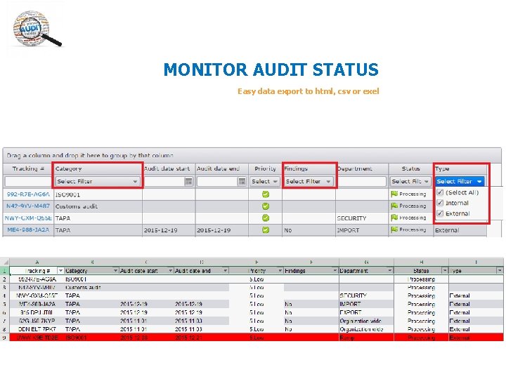 MONITOR AUDIT STATUS Easy data export to html, csv or exel MONITOR AUDIT STATUS Easy data export to html, csv or exel
