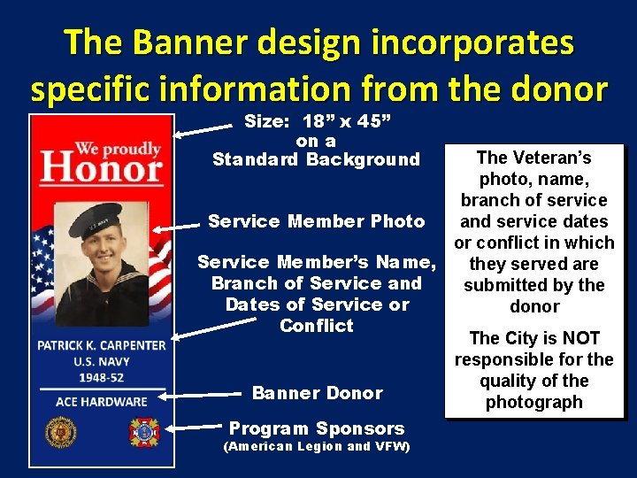 The Banner design incorporates specific information from the donor Size: 18” x 45” on