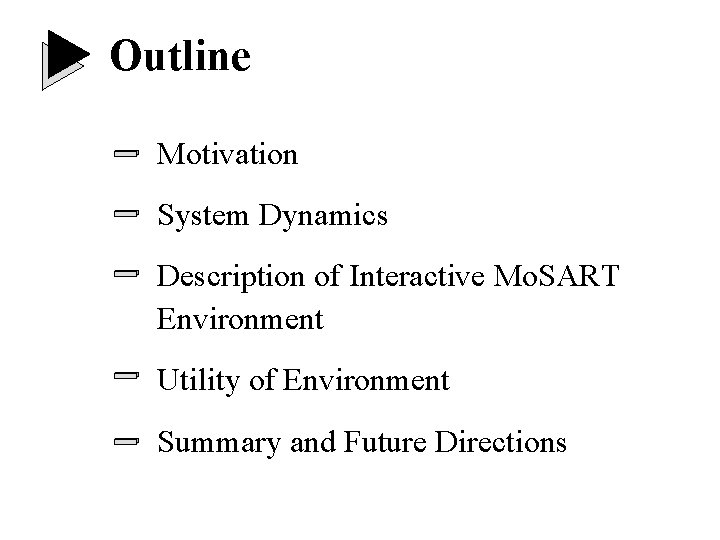 Outline Motivation System Dynamics Description of Interactive Mo. SART Environment Utility of Environment Summary Outline Motivation System Dynamics Description of Interactive Mo. SART Environment Utility of Environment Summary