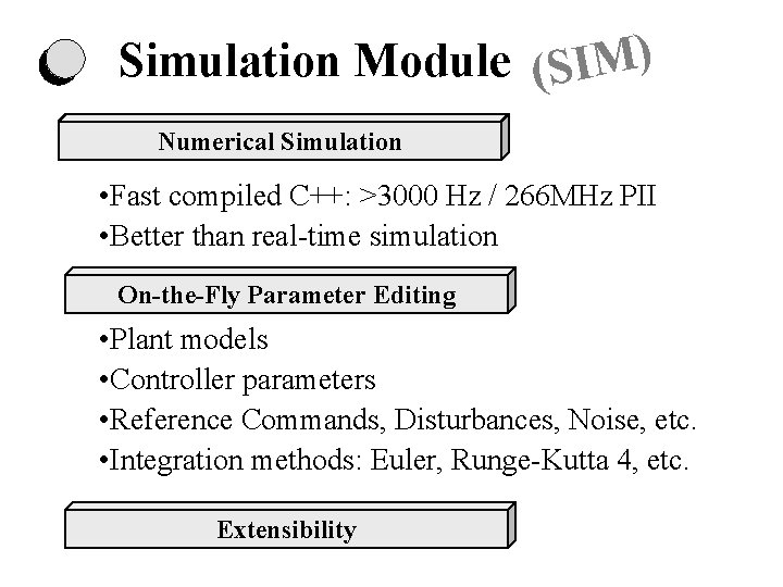 Simulation Module (SIM) Numerical Simulation • Fast compiled C++: >3000 Hz / 266 MHz Simulation Module (SIM) Numerical Simulation • Fast compiled C++: >3000 Hz / 266 MHz