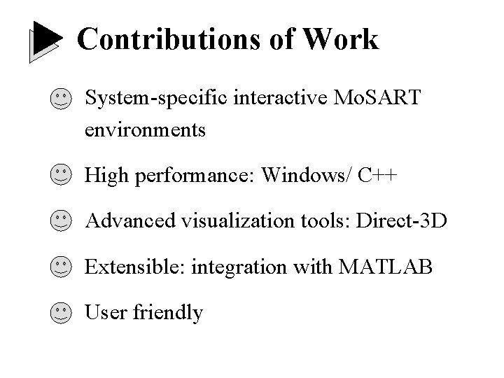 Contributions of Work System-specific interactive Mo. SART environments High performance: Windows/ C++ Advanced visualization Contributions of Work System-specific interactive Mo. SART environments High performance: Windows/ C++ Advanced visualization