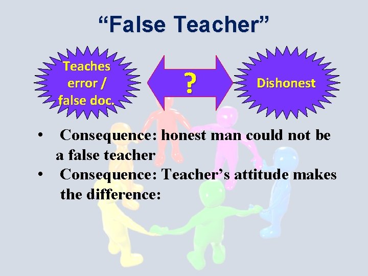 “False Teacher” Teaches error / false doc. • ? Dishonest Consequence: honest man could