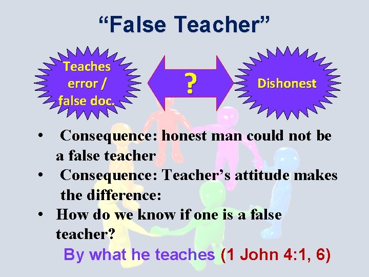 “False Teacher” Teaches error / false doc. • ? Dishonest Consequence: honest man could