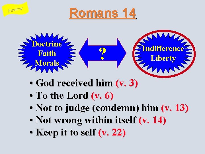 Review Romans 14 Doctrine Faith Morals ? Indifference Liberty • God received him (v.