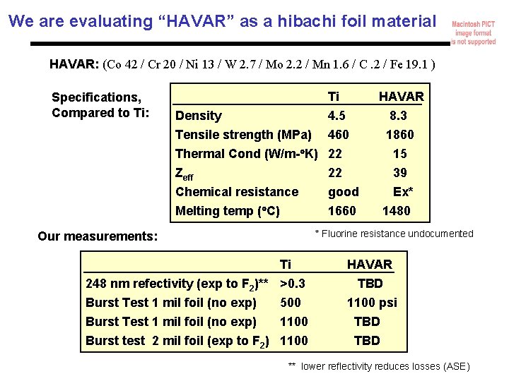 We are evaluating “HAVAR” as a hibachi foil material HAVAR: (Co 42 / Cr