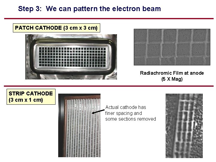 Step 3: We can pattern the electron beam PATCH CATHODE (3 cm x 3