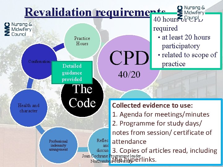 Revalidation requirements 40 hours of CPD Practice Hours Confirmation Detailed guidance provided The Code