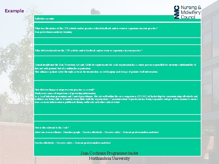 Example Reflective account: What was the nature of the CPD activity and/or practice-related feedback