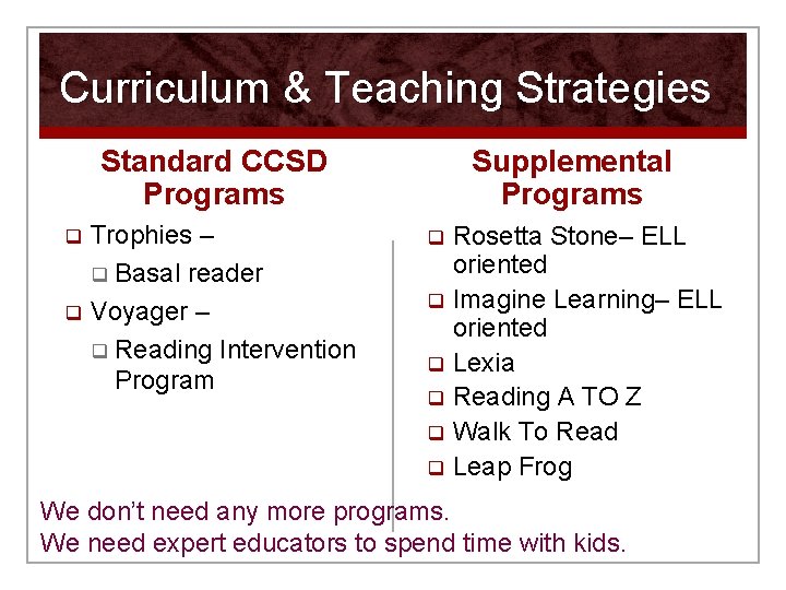 Curriculum & Teaching Strategies Supplemental Programs Standard CCSD Programs Trophies – q Basal reader