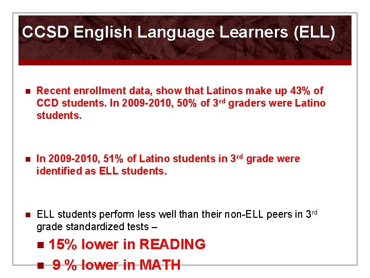 CCSD English Language Learners (ELL) n Recent enrollment data, show that Latinos make up