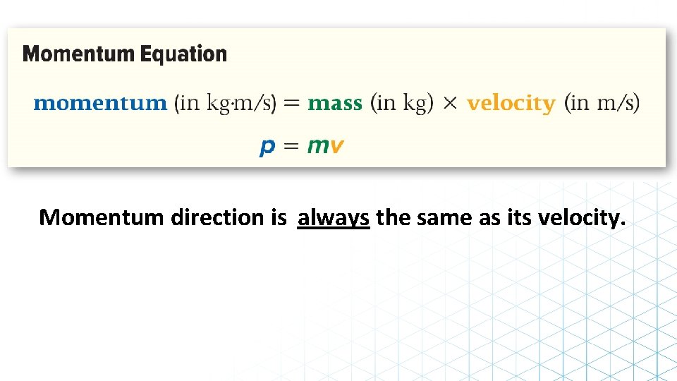 Momentum direction is always the same as its velocity. 