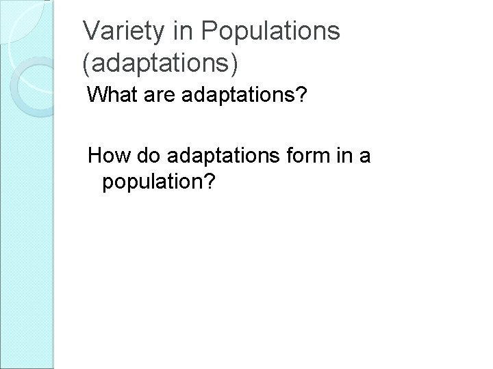 Variety in Populations (adaptations) What are adaptations? How do adaptations form in a population?
